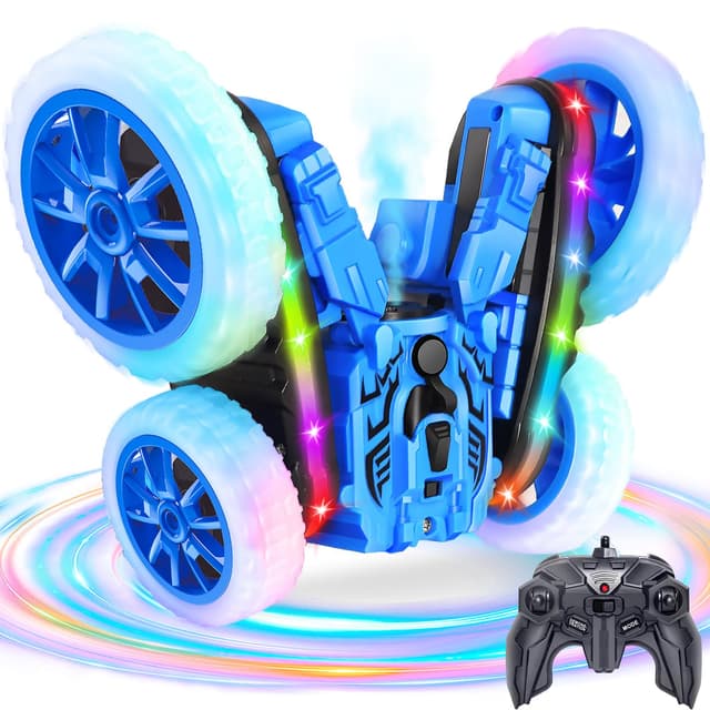 MidiVix Ferngesteuertes Auto, 360°rotierende 4WD RC Autos mit Seitenlichtern und Scheinwerfern, 2.4Ghz Doppelseitig RC Stunt Car mit Spray, RC Drift Spielzeugauto und Geschenke für Kinder (Blau)