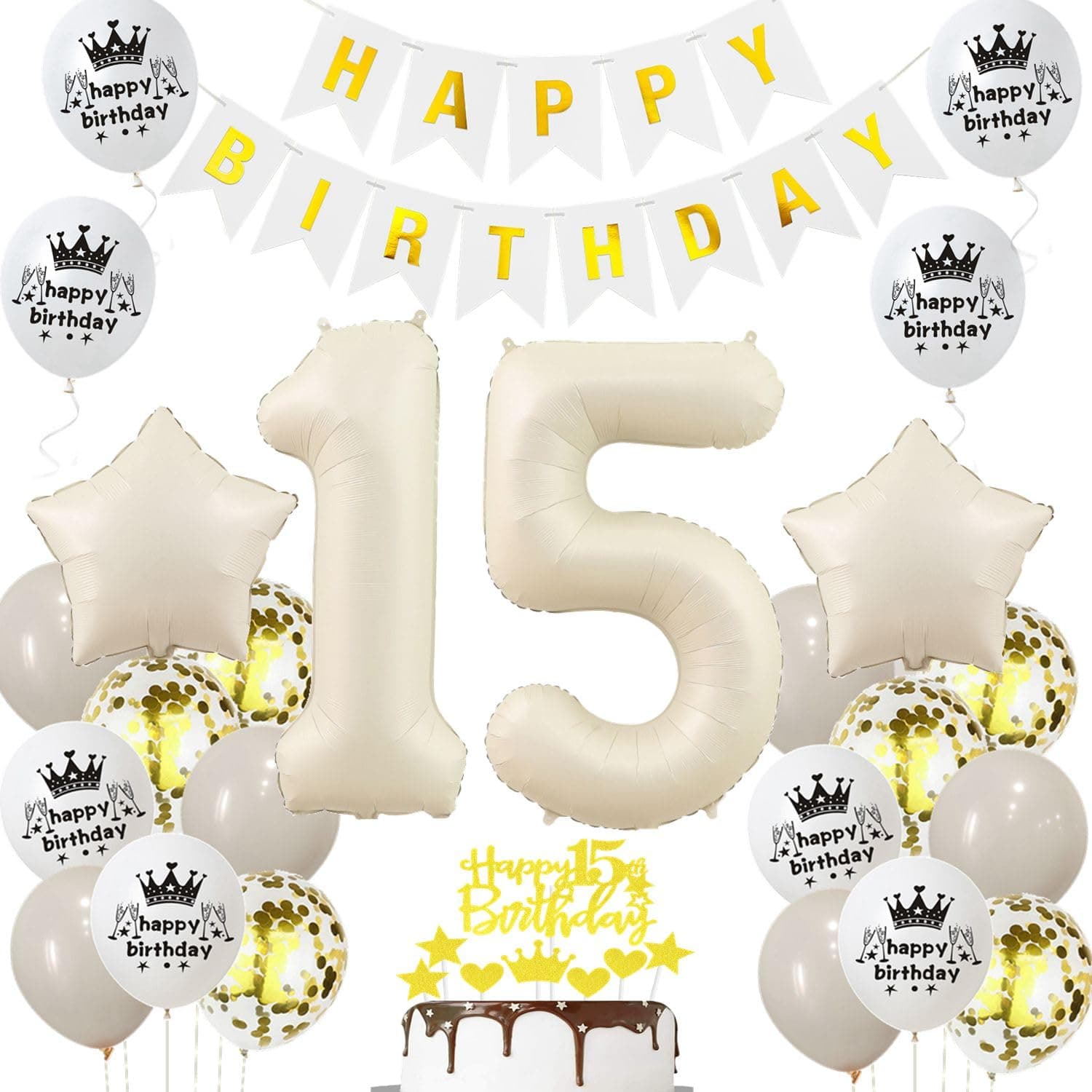 Luftballon 15 Jahr Geburtstag Creme, Deko 15 Geburtstag Mädchen Junge, 15. Geburtstagsdeko Beige Gold, Ballon 15 Deko Beige, Luftballons 15. Dekorationen Gold, 15. Ballon Mädchen