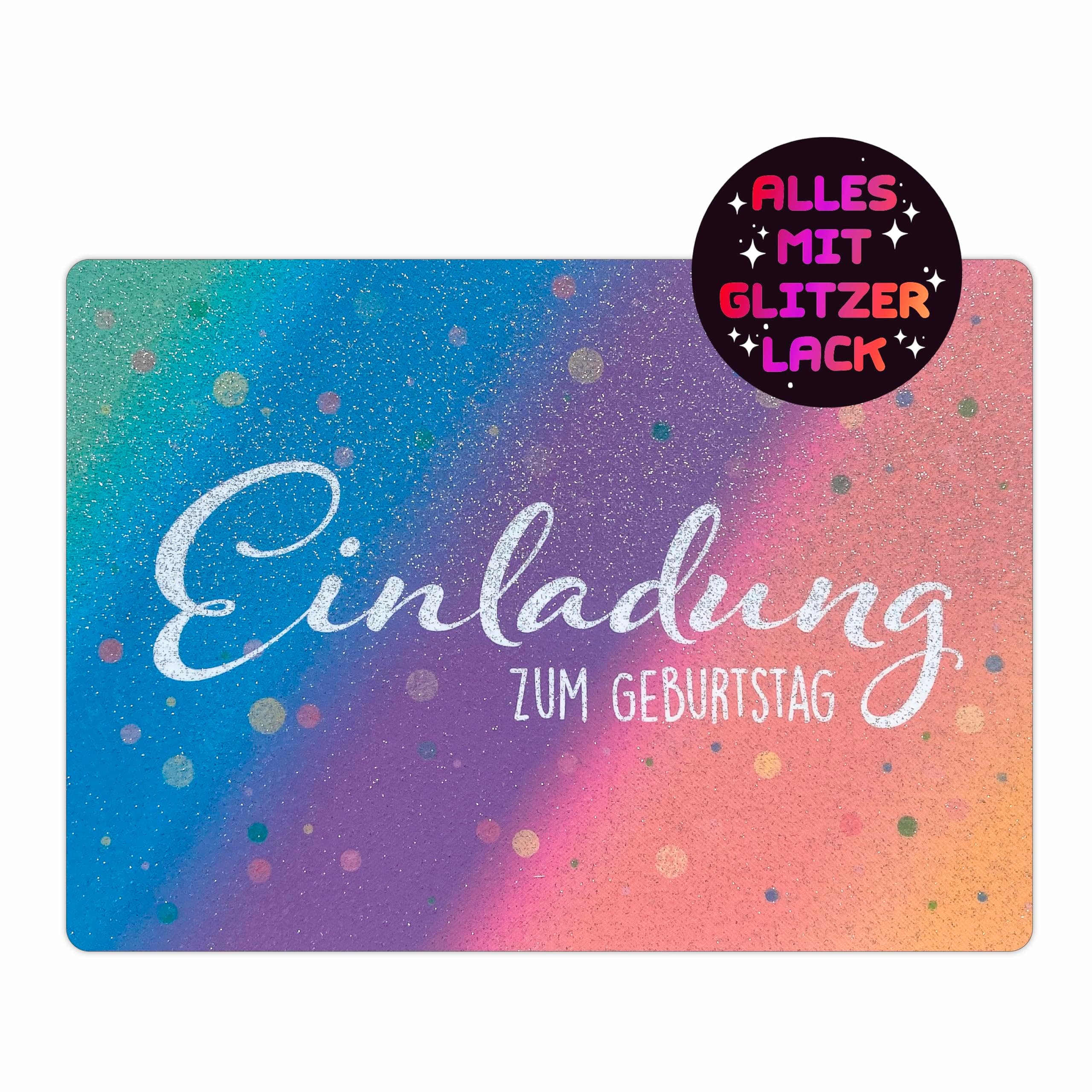 CALLUNA® – 12 Einladungskarten zum Kindergeburtstag mit Glitzerlack – Bunte Einladung zur Geburtstagsfeier – Geburtstagseinladungen – Partyeinladungen – Glitzerkarte ohne Versandhüllen