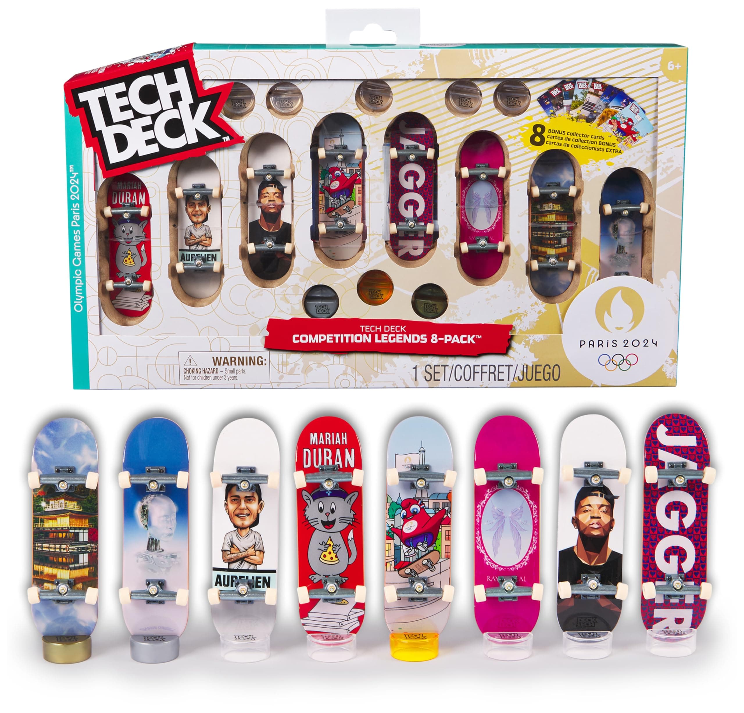 Tech Deck Competition Legends 8-Pack, Set mit 8 authentischen Fingerboards der olympischen Skate-Athleten in Paris 2024, 8 individuelle Board-Halter, 8 Athleten-Karten, ab 6 Jahren