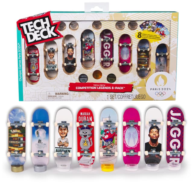 Tech Deck Competition Legends 8-Pack, Set mit 8 authentischen Fingerboards der olympischen Skate-Athleten in Paris 2024, 8 individuelle Board-Halter, 8 Athleten-Karten, ab 6 Jahren