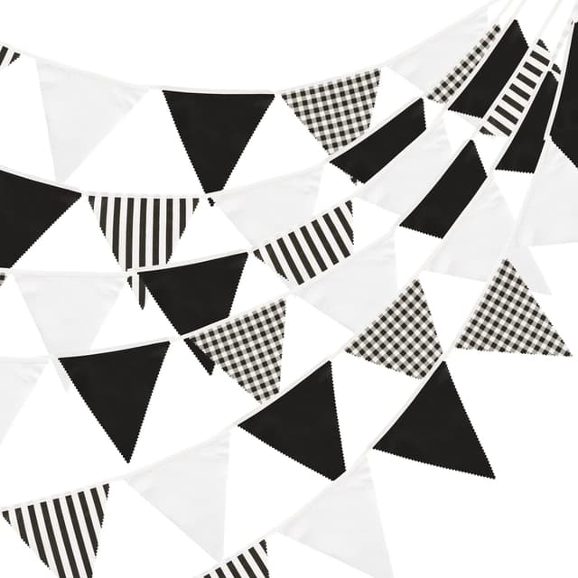 jijAcraft 12M Stoff Wimpel Girlande, Wimpelkette Streifen Schwarz Stoffgirlande mit 42 STK Farbenfroh Wimpeln für Hochzeits Geburtstag Garten Party Q10690