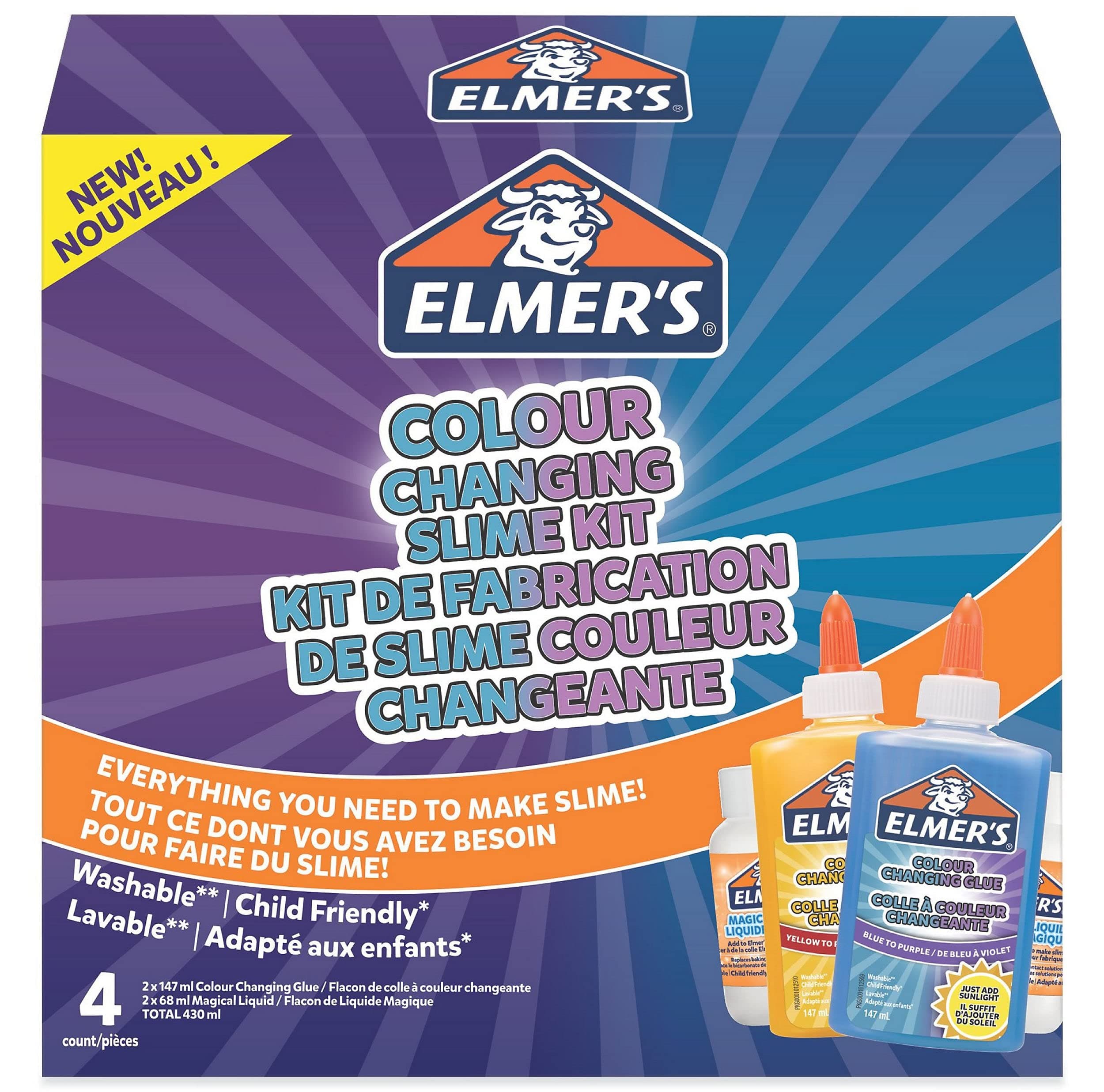 Elmer’s Colour Changing Slime Set | Zubehör für Schleim enthält farbwechselnden Kleber | mit magischer Schleim-Aktivator-Lösung | wird aktiviert durch UV-Licht | 4-teiliges Kit