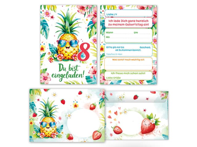 Junaversum 8 Einladungskarten inkl. 8 Umschläge zum 8. Kindergeburtstag Mädchen Ananas Kinder Sommer coole bunte Einladungen achte Geburtstag Geburtstagseinladungen Kids Karten + Umschläge 8-er Set