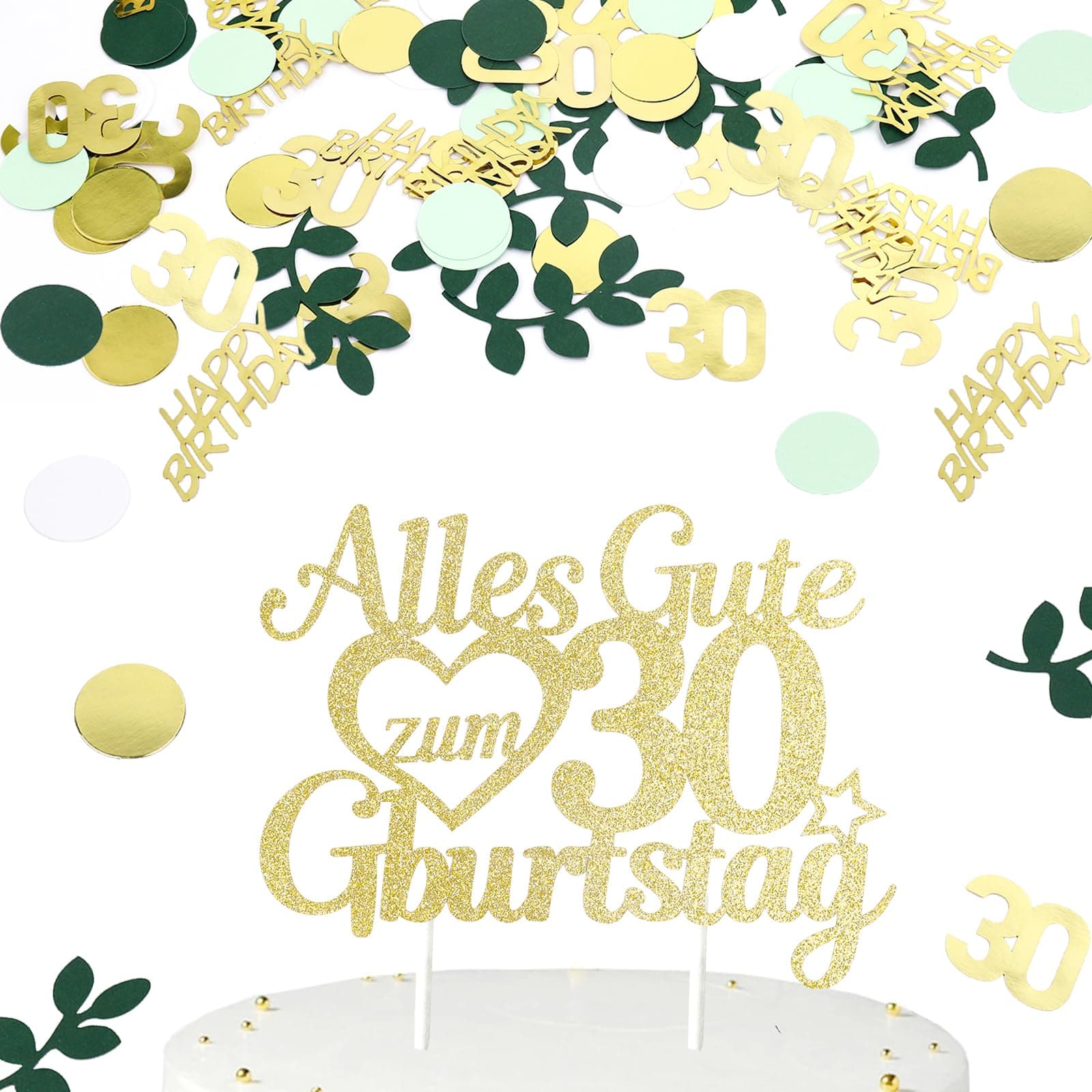 Gleevio Tortendeko 30 Geburtstag Mann Frau,Kuchen Deko 30 Geburtstag mit 100 Stk Konfetti 30 Geburtstagdeko,Gold Green Kuchen Topper 30,Cake Topper Alles Gute zum 30 Geburtstagdeko,Kuchendeko 30 Jahre
