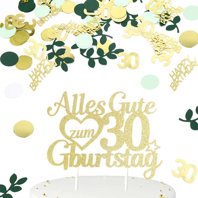 Gleevio Tortendeko 30 Geburtstag Mann Frau,Kuchen Deko 30 Geburtstag mit 100 Stk Konfetti 30 Geburtstagdeko,Gold Green Kuchen Topper 30,Cake Topper Alles Gute zum 30 Geburtstagdeko,Kuchendeko 30 Jahre