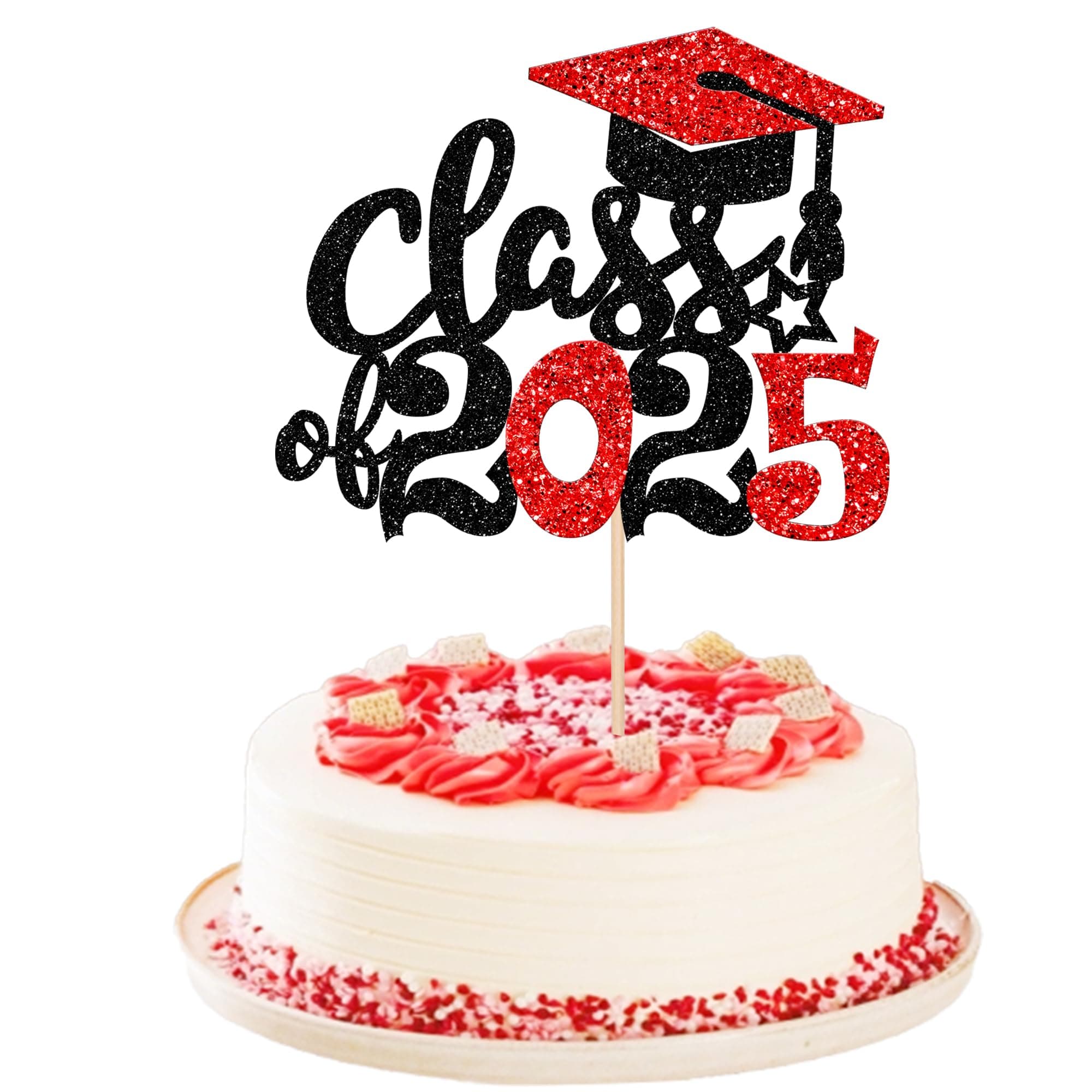 1 Stück Class of 2025 Cake Topper Glitzer Abschluss Kappe Tortendeko Klasse von 2025 Graduierung Kuchen Deko für 2025 Schule Abschluss Party Kuchen Dekoration Schwarz Rot Color 7