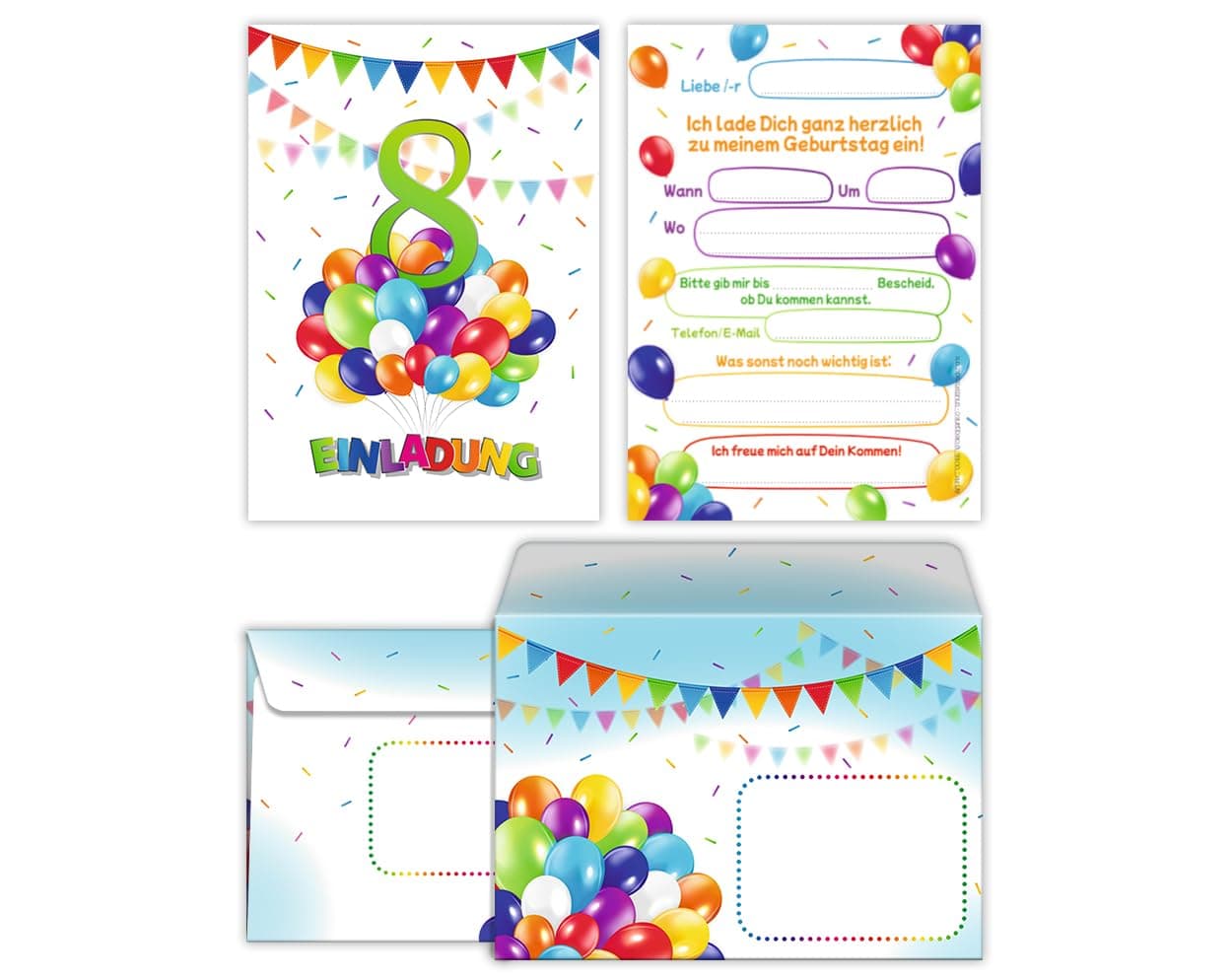 8 Einladungskarten incl. 8 Umschläge zum 8. Kindergeburtstag Jungen Mädchen Luftballons Einladungen achte Geburtstag Kinder Karten + Umschläge 8-er Set