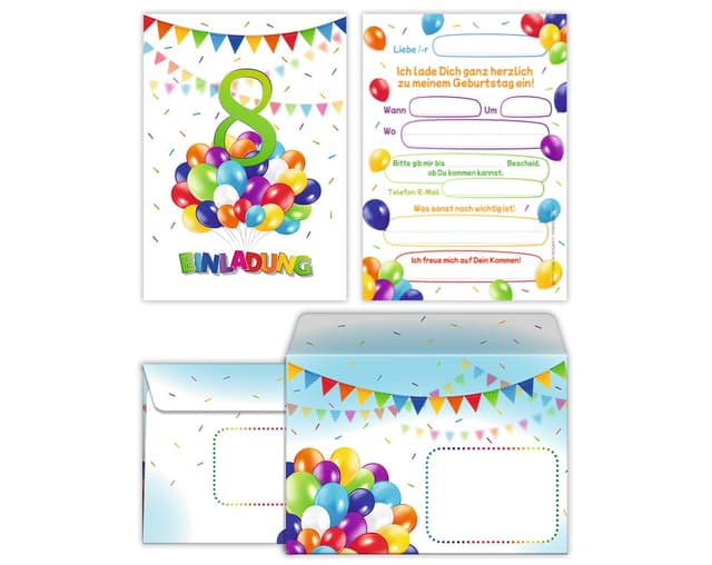 8 Einladungskarten incl. 8 Umschläge zum 8. Kindergeburtstag Jungen Mädchen Luftballons Einladungen achte Geburtstag Kinder Karten + Umschläge 8-er Set