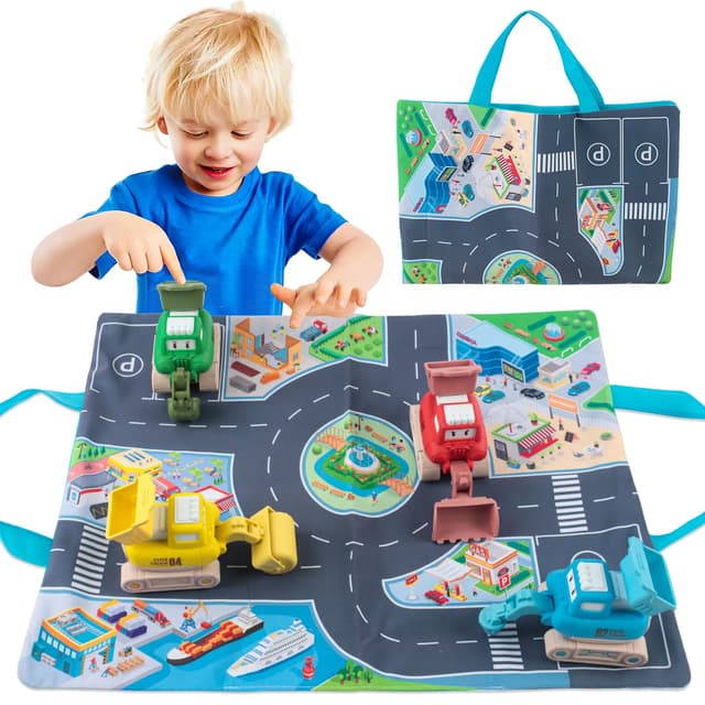 JWTRSVTY 4Pcs Auto Baufahrzeuge Kinderspielzeug, Baby Bagger Spielzeugauto, Pull Back Spiele Autos, Bagger Starten Spielzeugautos Mit Spielmatte, für 1-9 Jahre Jungen Mädchen Kinder Spielzeug Geschenk