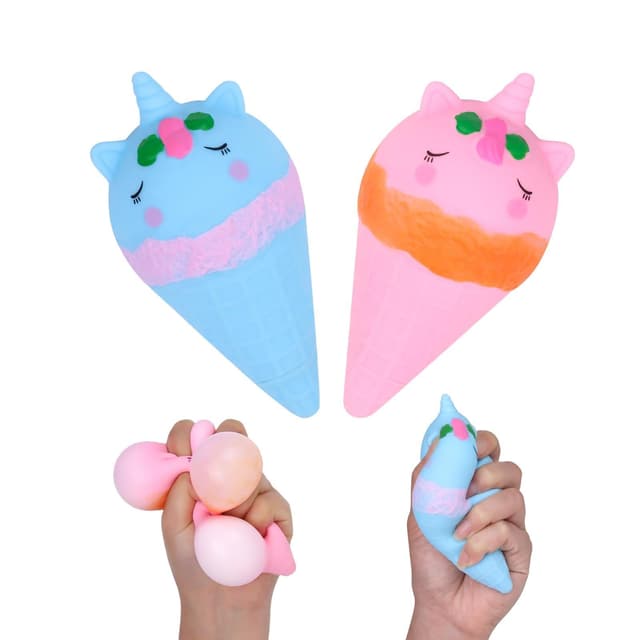 Anboor Ice Cream Squishy Spielzeug 2er-Pack, süßer Einhorn Stressball für Mädchen und Jungen, sensorisches Lebensmittel-Druckspielzeug zur Angstlinderung, dehnbares Fidget-Spielzeug (Blau & Rosa)