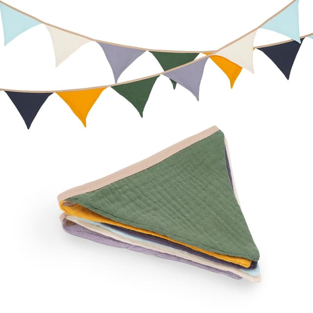 jijAcraft Wimpelkette Kinderzimmer, Doppelseitig Stoff Wimpelkette aus Musselin Baumwolle, 1,9M Bunt Stoffgirlande, Kinderzimmer Deko Mädchen & Jungen, für Hausbett, Babybett, Kinderbett, Wanddeko 1,9M Bunte