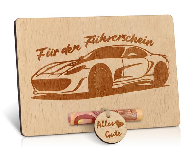 Giftota Führerschein Bestanden Geschenk, Tankgutschein Geschenk zum Geburtstag, Urlaub, Reisen, Geburtstag Geldgeschenk Holz für Autoliebhaber