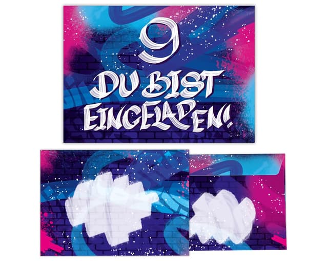 12 Einladungskarten incl. 12 Umschläge 9. Kindergeburtstag Mädchen Jungen Graffiti Einladungen neunte Geburtstag Kinder Karten + Umschläge 12-er Set
