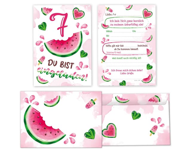 Minkocards 12 Einladungskarten incl. 12 Umschläge zum 7. Kindergeburtstag Mädchen Wassermelone Einladung siebte Geburtstag Mädchengeburtstag Geburtstagseinladungen 12 Karten + 12 Umschläge