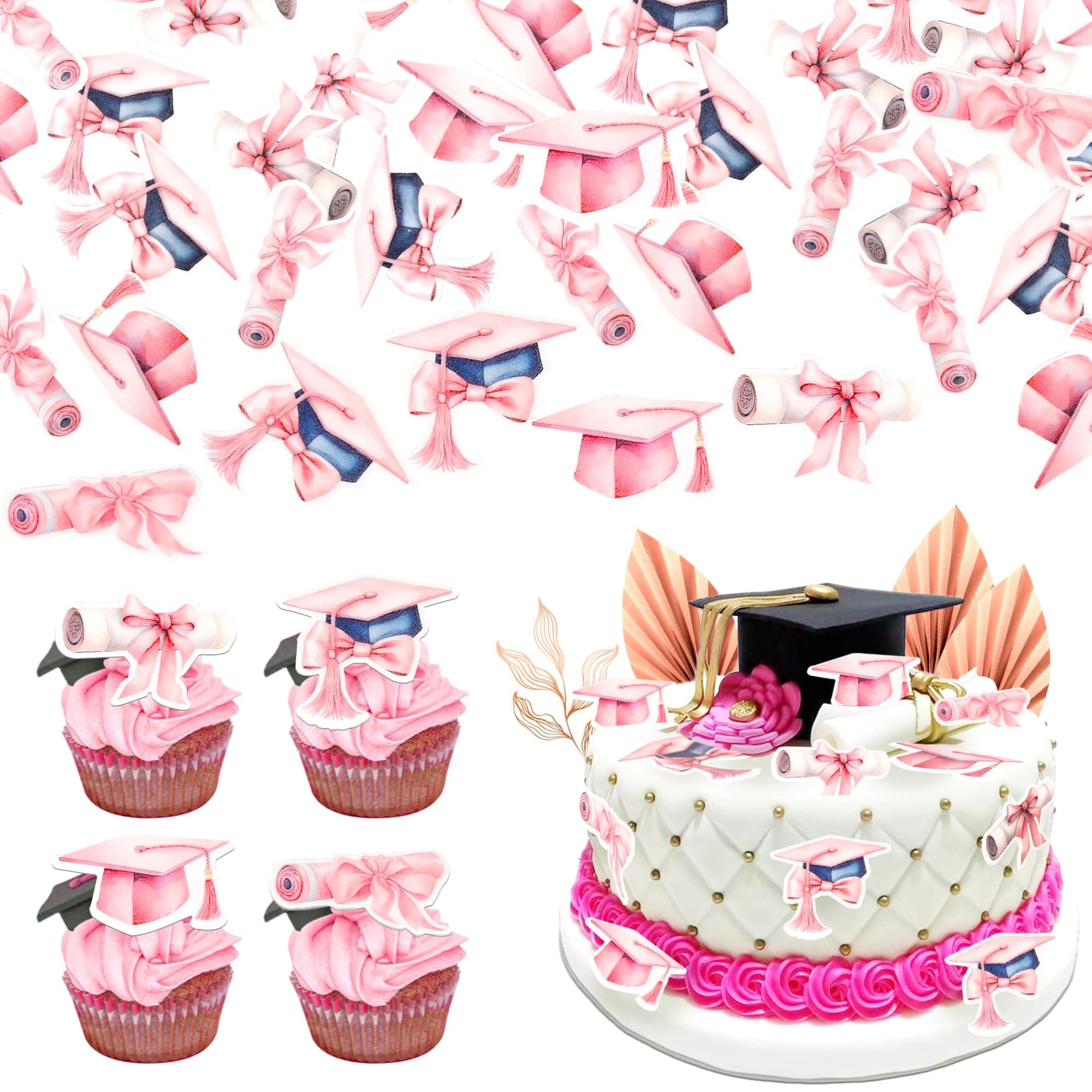60 Stück Essbare Abschluss Kappe Cupcake Toppers Klasse von 2025 Kappe Tortendeko Reis Papier Waffel Papier Graduierung Kappe Kuchen Deko für Abschluss Thema Party Kuchen Dekorationen Rosa Color-3
