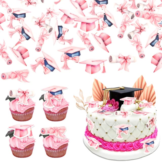 60 Stück Essbare Abschluss Kappe Cupcake Toppers Klasse von 2025 Kappe Tortendeko Reis Papier Waffel Papier Graduierung Kappe Kuchen Deko für Abschluss Thema Party Kuchen Dekorationen Rosa Color-3