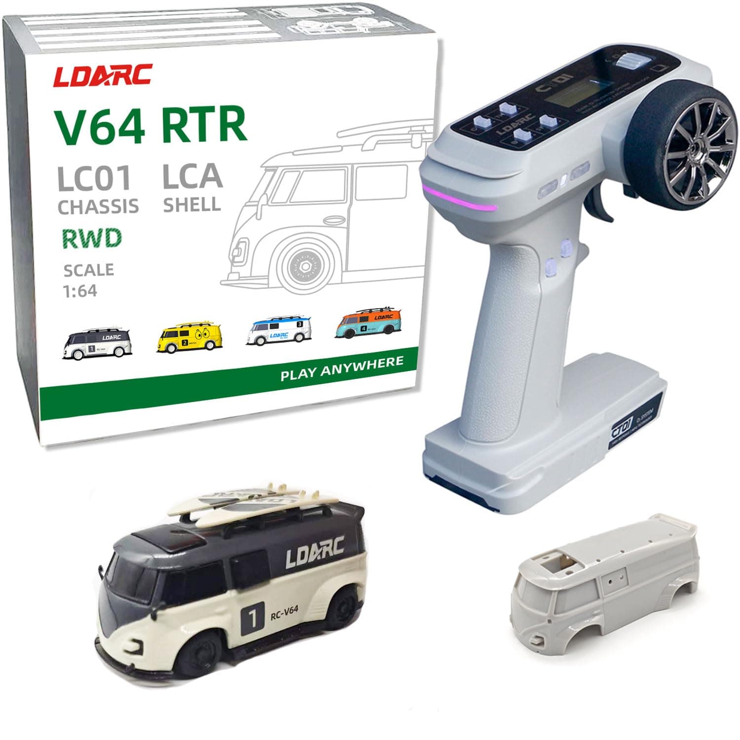 captainrc LDARC Mini Ferngesteuertes Auto RTR im Maßstab 1:64 Ideal für Rennsport-Enthusiasten, maßstabsgetreues RC Auto 2.4GHZ mit RGB-Beleuchtung, mit austauschbarer DIY-Karosserie（Grau） V64-Grau