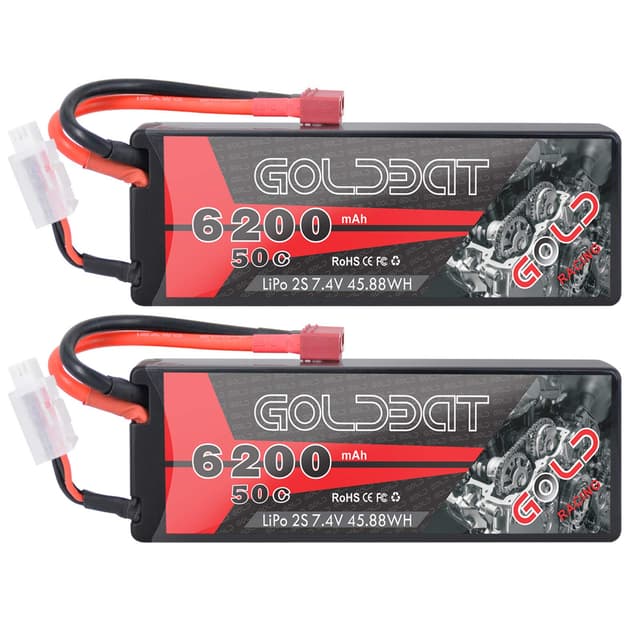 GOLDBAT 7,4 V Lipo 6200 mAh 2S 50C Lipo RC Batterie Hartschalenkoffer mit Dekanstecker für RC Evader BX Auto RC Truggy RC Flugzeug UAV Drohne FPV (2Packs) 6200 2s50c 2packs