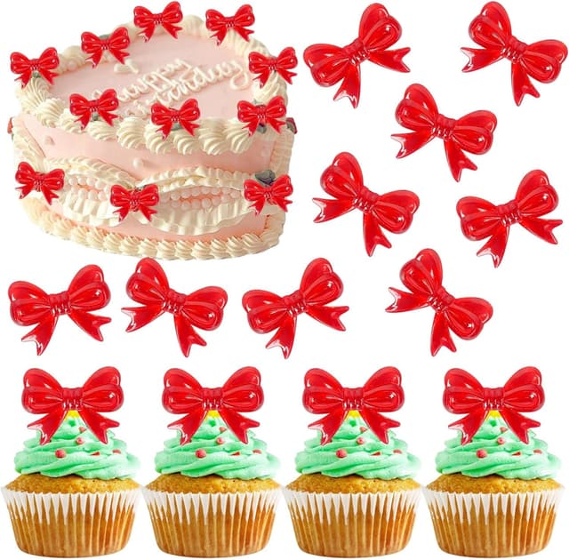 30 Stück Schleife Cupcake Toppers Schleifen Knoten Acryl Kuchen Deko Fliege Tortendeko für Hochzeit Braut Dusche Thema rosa Mädchen Geburtstag Party Cupcake Dekorationen Rot