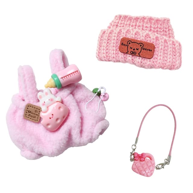 Xerteam 3 Stück 12-17cm Plüsch Kleidung für Puppen, Rosa Overall mit Milchflaschenclip + Tascheanhänger + Plüschhut, Mode Puppenkleidung und Zubehör für DIY Puppen Geschenke