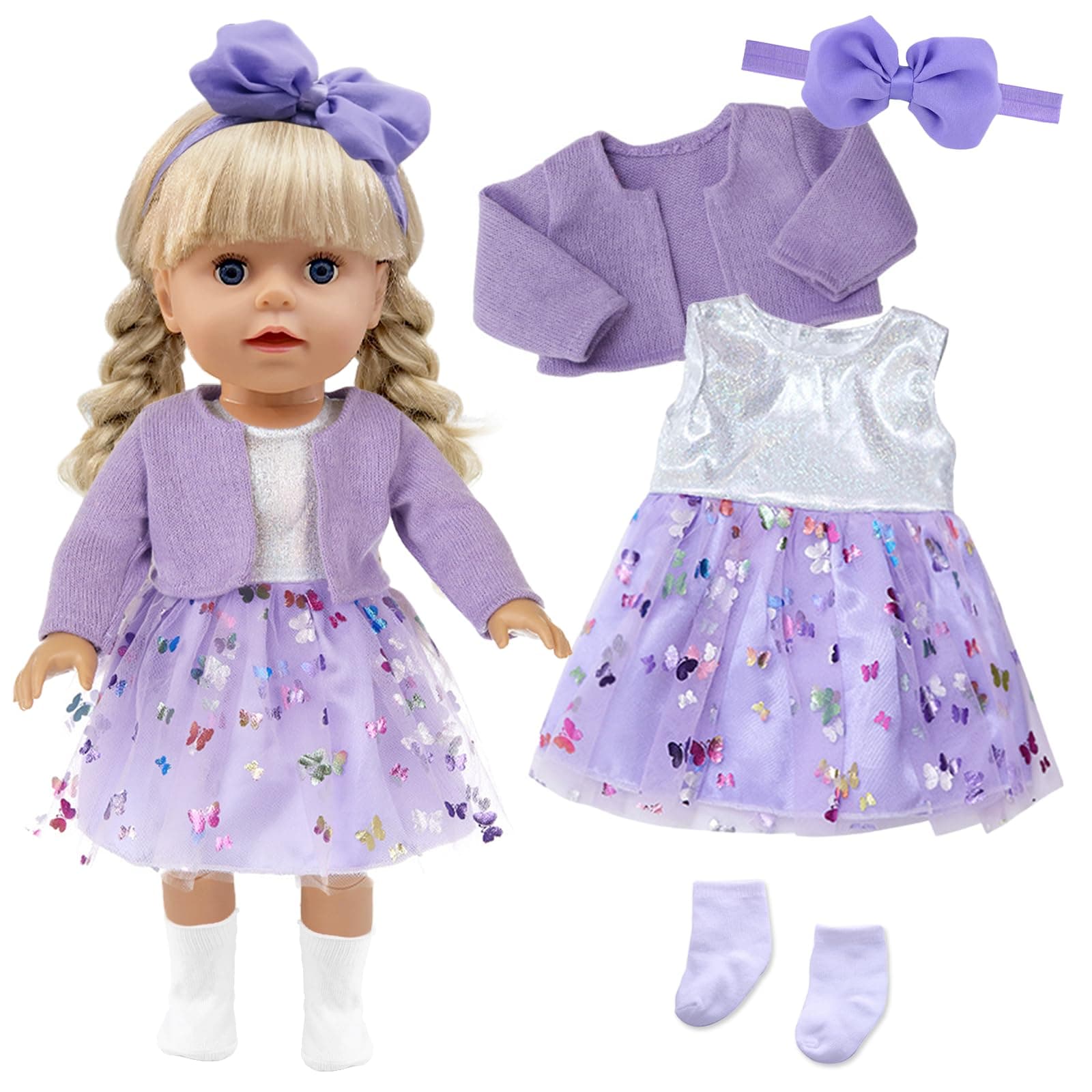 Xerteam 4 teilig Lila Puppenkleidung für 38-45cm Mädchen Puppe, Puppezubehör Mantel Puppen Kleider Socken Schmetterling Stirnband für 16-18 Zoll Baby Puppe, Puppensachen Set Geschenk Kinder