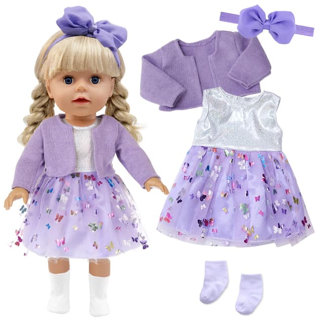 Xerteam 4 teilig Lila Puppenkleidung für 38-45cm Mädchen Puppe, Puppezubehör Mantel Puppen Kleider Socken Schmetterling Stirnband für 16-18 Zoll Baby Puppe, Puppensachen Set Geschenk Kinder