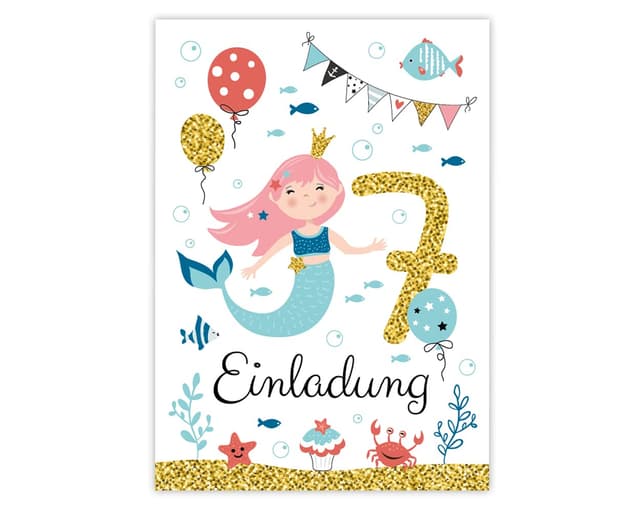 12 Einladungskarten zum siebten Kindergeburtstag 7. Geburtstag Mädchen Meerjungfrau Einladungen zum Geburtstag Kinder bunte Geburtstagseinladungen 12 Karten