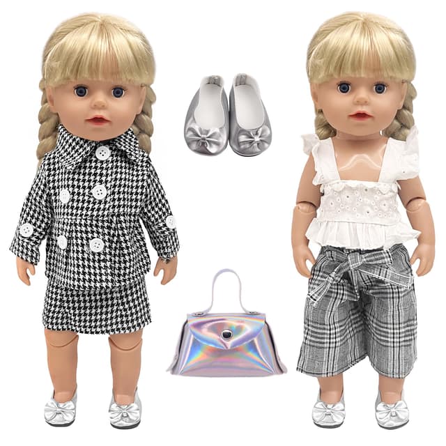 2 Setzen Puppenkleidung für 30-45 cm Baby Puppen, Moden Neue Puppenzubehör mit Jacke Rock Kurze Ärmel Hosen Schuhe Taschen für 12-18 Zoll Neugeborene Baby Puppen Mädchen Geburtstag