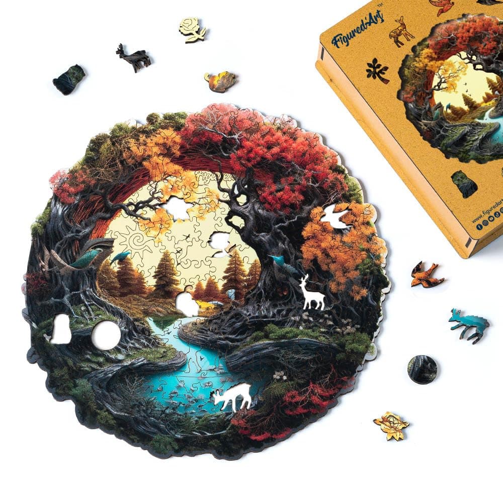 Figured'Art Holzpuzzle Erwachsene und Kinder 200 Teile - Herbstfluss - Originelles Design 28,5x28,3 cm Einzigartige Form mit Premium-Holzkiste Herbstfluss 200 pièces