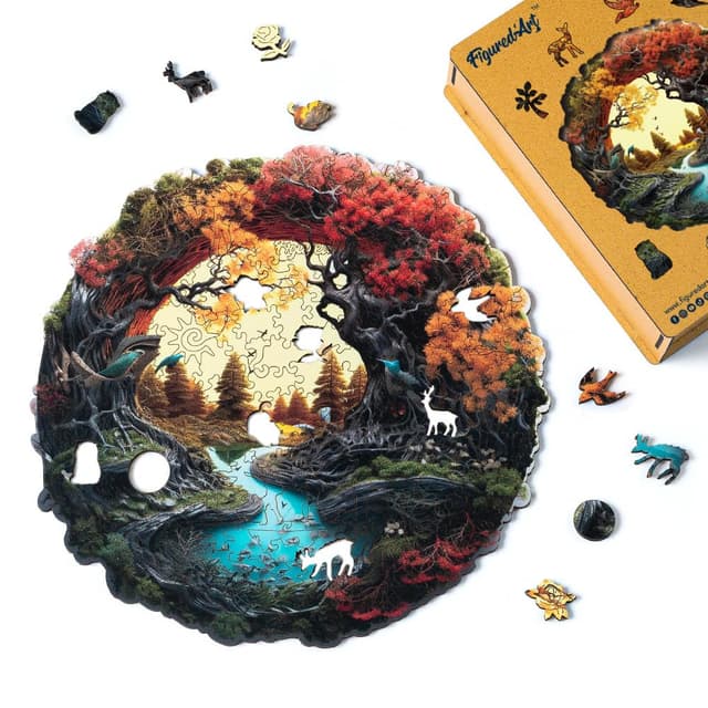 Figured'Art Holzpuzzle Erwachsene und Kinder 200 Teile - Herbstfluss - Originelles Design 28,5x28,3 cm Einzigartige Form mit Premium-Holzkiste Herbstfluss 200 pièces