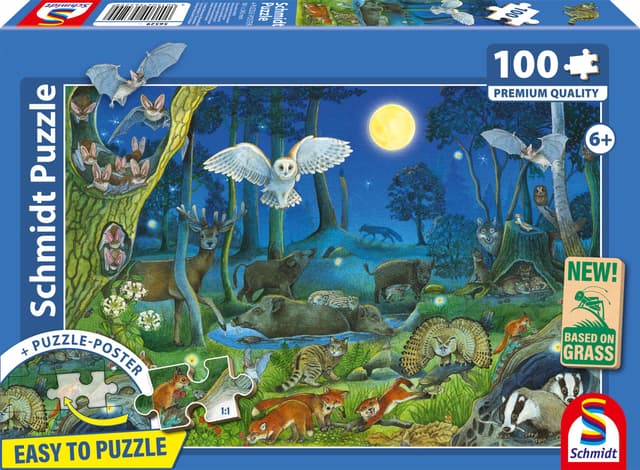 Schmidt Spiele 56529 Tiere nachts im Wald, 100 Teile Kinderpuzzle aus Graspappe STK