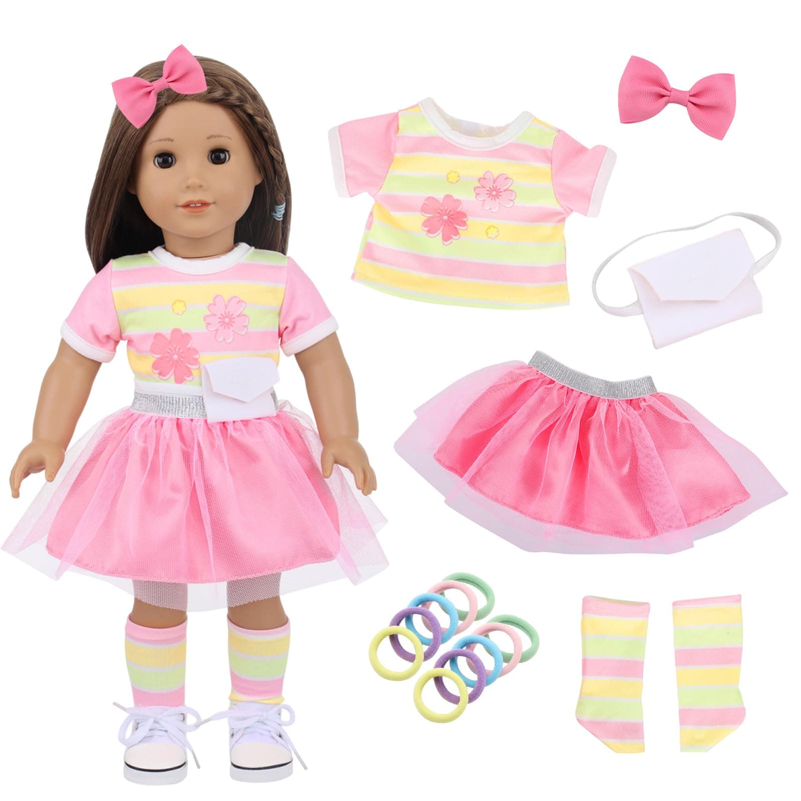 Xerteam Puppenkleider 35-43cm, Puppenkleidung für Baby Puppen, Blumentop+Rosa Baby Kleid+Weiß Rucksack+Gestreifte Socken+Haarspangen+10 Haarband, Süß Puppen Zubehör Geschenke für Kinder (Rose)
