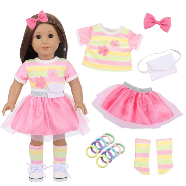 Xerteam Puppenkleider 35-43cm, Puppenkleidung für Baby Puppen, Blumentop+Rosa Baby Kleid+Weiß Rucksack+Gestreifte Socken+Haarspangen+10 Haarband, Süß Puppen Zubehör Geschenke für Kinder (Rose)