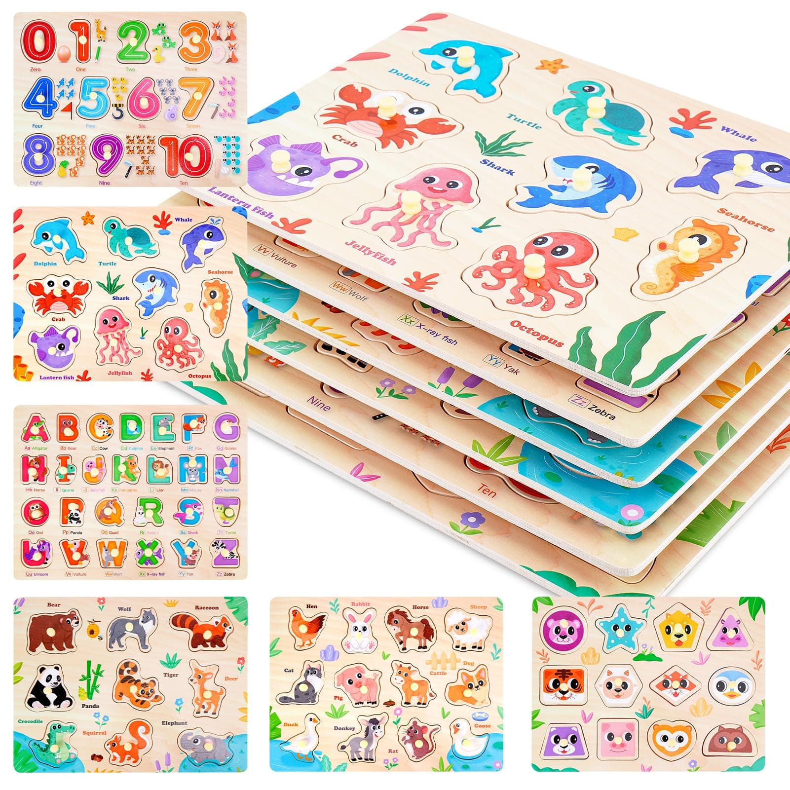 6PCS Kinder Holzpuzzle Spielzeug ab 3 Jahre, Montessori Spielzeug Puzzle ab 3 4 5 Jahre, Kinderspielzeug Steckpuzzle - Lernen Alphabet, Zahlen, Formen, Tiere, Lernspiele Geschenke für Jungen Mädchen