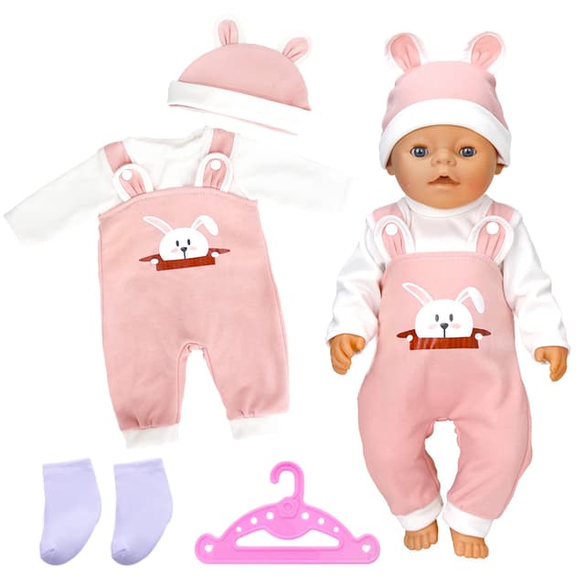 Puppenkleidung Puppenkleider Set für 14–17 Zoll Baby Puppen mit Hüte T-Shirts Latzhosen Socken Kleiderbügel Puppenzubehör für 36-43 cm Baby Puppen Ostern (Keine Puppe) Rosa
