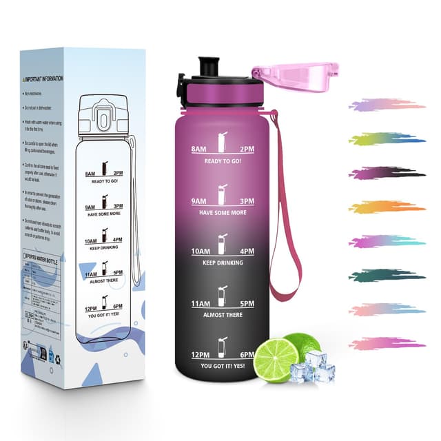 HoneyHolly Trinkflasche Kinder 500ML, Wiederverwendbar Mit Zeitskala, Wasserflasche, Auslaufsicher Sportflasche, Trinkflasche Sport für Laufen, Radfahren, Arbeiten, Schule, Fitnessstudio Lilaschwarz - 500ml 500 ml