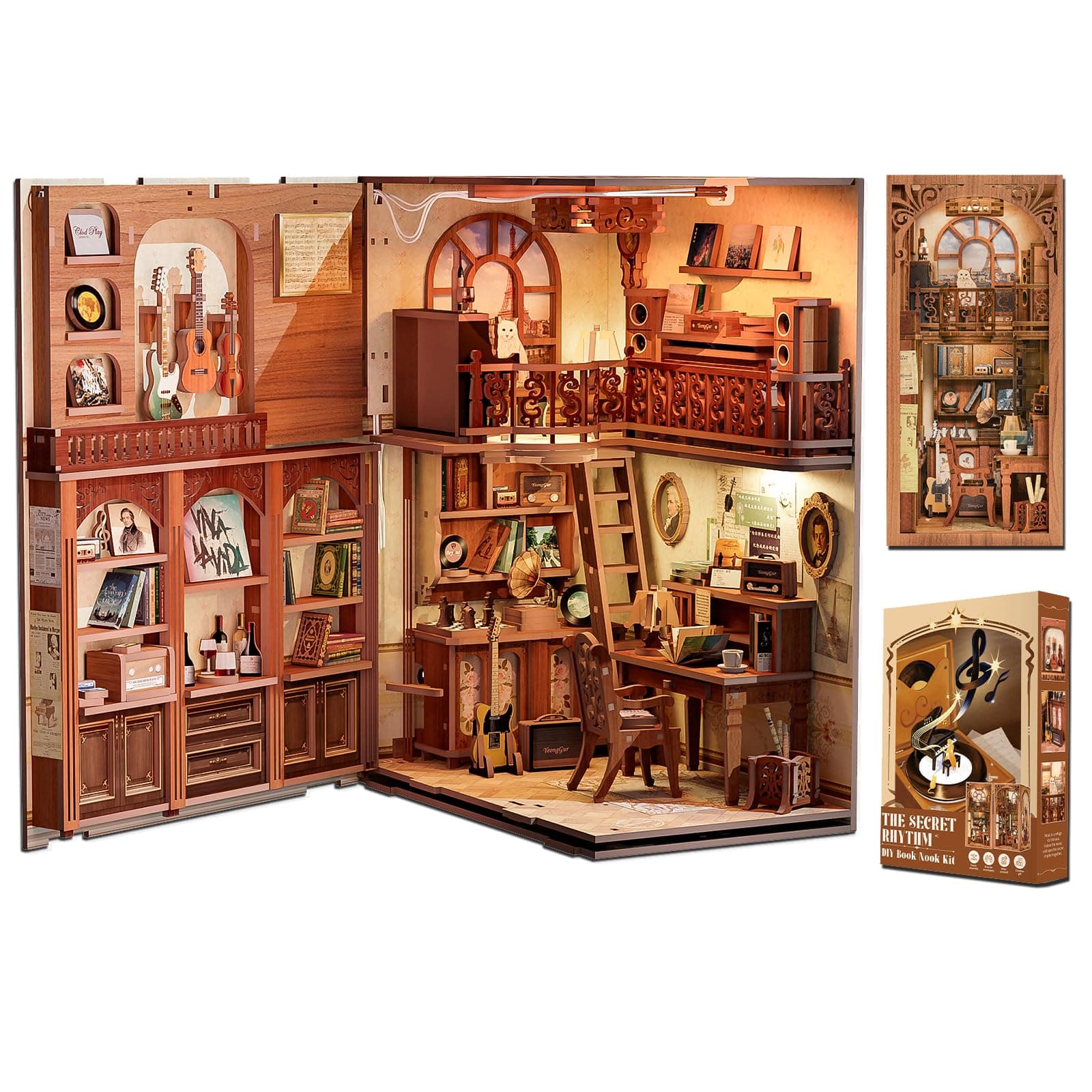Cutefun DIY Book Nook - Puppenhaus Kitaus Holz mit Staubschutzhülle,DIY Miniatur Puppenhaus Bücherecke Bibliothek Häuser Modellbausätze mit LED Leuchten Bücherregal Dekor (The Secret Rhythm)