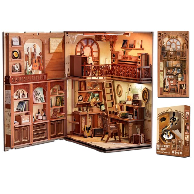Cutefun DIY Book Nook - Puppenhaus Kitaus Holz mit Staubschutzhülle,DIY Miniatur Puppenhaus Bücherecke Bibliothek Häuser Modellbausätze mit LED Leuchten Bücherregal Dekor (The Secret Rhythm)