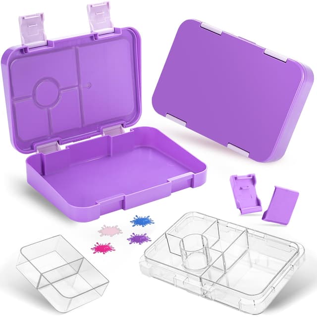QCQHDU Brotdose Kinder mit 6 Fächern,Bento Box mit Transparenter Fächern, Kinder Lunchbox, Jausenbox, Brotzeitbox, BPA-Freie, Leicht Tauglich Schule,Kindergarten Purple