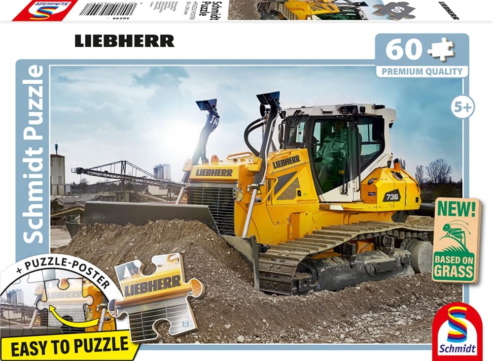 Schmidt Spiele 56549 Liebherr, Planierraupe PR736, 60 Teile Kinderpuzzle aus Graspappe, Mehrfarbig