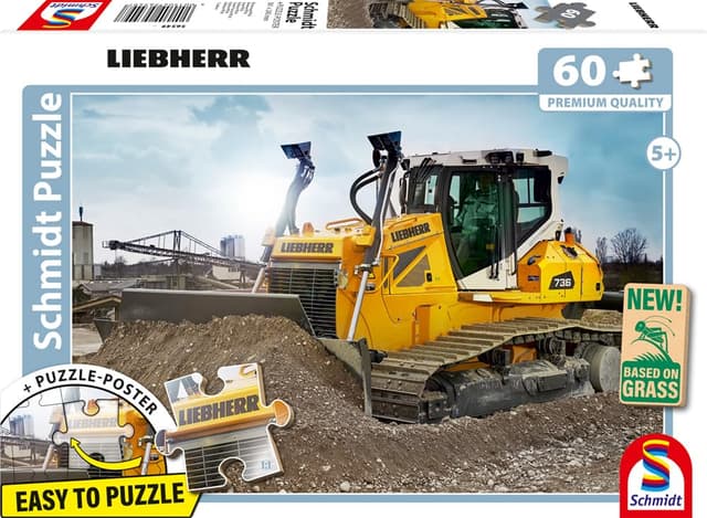 Schmidt Spiele 56549 Liebherr, Planierraupe PR736, 60 Teile Kinderpuzzle aus Graspappe, Mehrfarbig