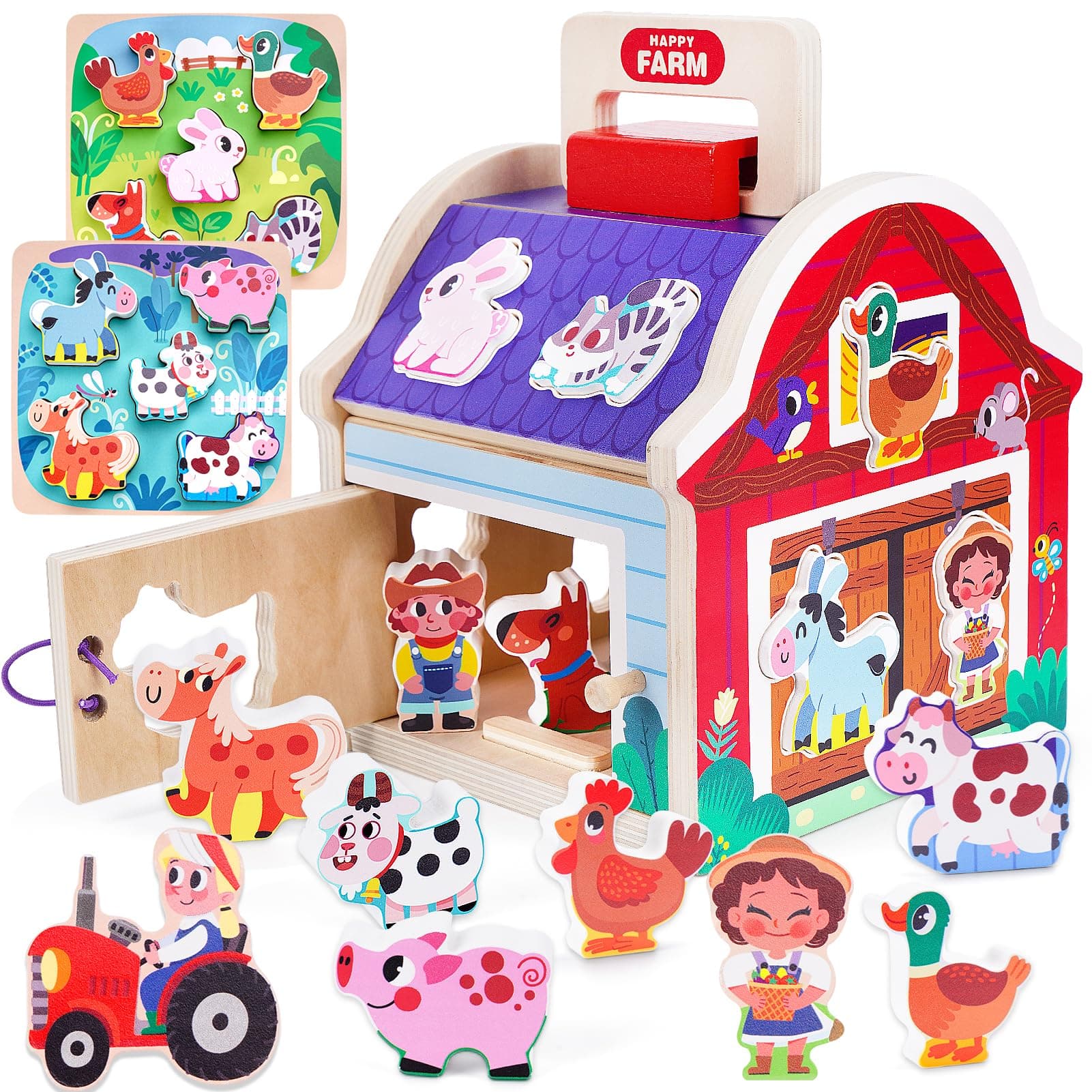 Montessori Spielzeug ab 1 2 3 Jahr kinder, Steckspiel Bauernhof Holz mit Puzzle, Kinderspielzeug Holzspielzeug Motorikspielzeug ab 1 Jahr, Babyspielzeug Motorikwürfel Geschenke für Mädchen Jungen