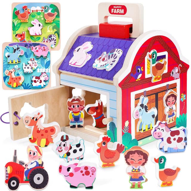 Montessori Spielzeug ab 1 2 3 Jahr kinder, Steckspiel Bauernhof Holz mit Puzzle, Kinderspielzeug Holzspielzeug Motorikspielzeug ab 1 Jahr, Babyspielzeug Motorikwürfel Geschenke für Mädchen Jungen
