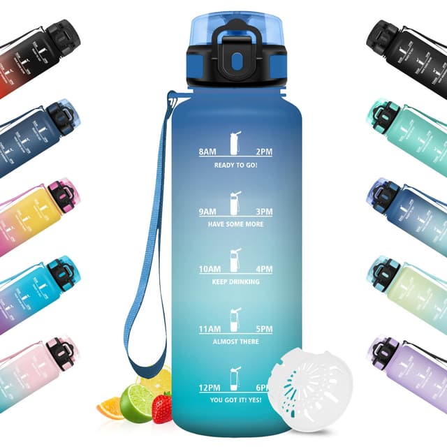 HoneyHolly Trinkflasche, Motivierend und Auslaufsicher, 1,5L, Wasserflasche, Zeitmarkierung, Trinkflasche Sport, Wiederverwendbar, Water Bottle für Fitnessstudio, Arbeit, Camping, Wandern Blau & Grün - 1500 Ml 1500 ml