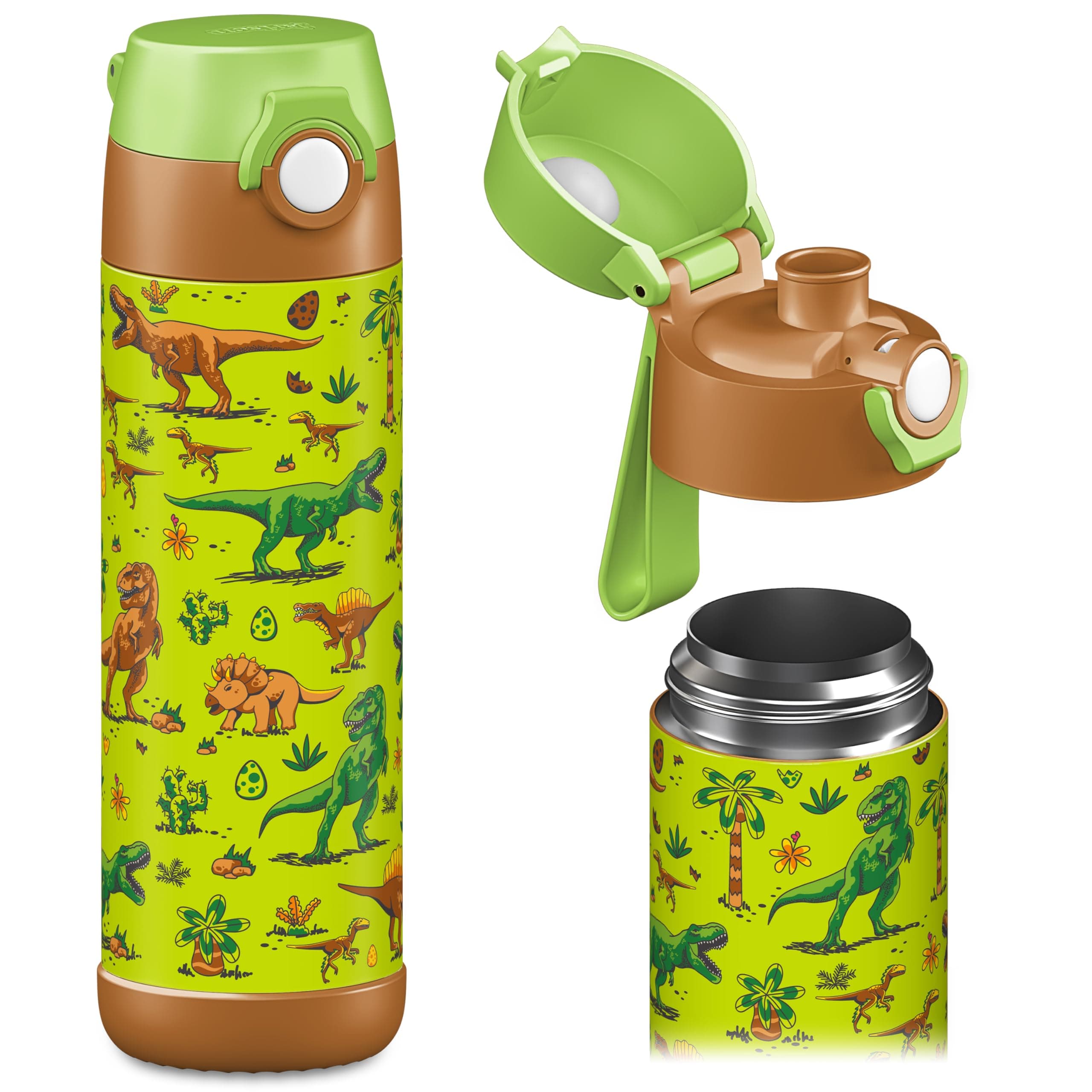 Jarlson® Trinkflasche Kinder MALI - Thermo Edelstahl Wasserflasche - BPA frei - auslaufsicher - Kinderflasche mit Chug Deckel- Flasche für Schule, Kindergarten - 350ml (Dinosaurier, 500 ml) 500 ml Dinosaurier