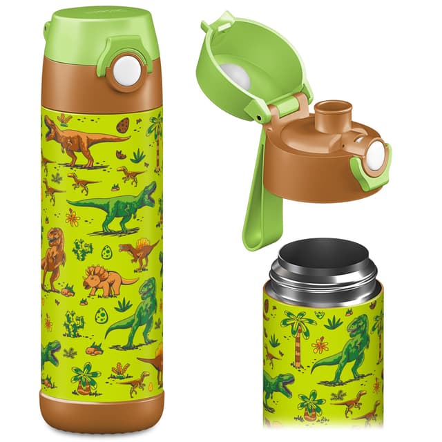 Jarlson® Trinkflasche Kinder MALI - Thermo Edelstahl Wasserflasche - BPA frei - auslaufsicher - Kinderflasche mit Chug Deckel- Flasche für Schule, Kindergarten - 350ml (Dinosaurier, 500 ml) 500 ml Dinosaurier