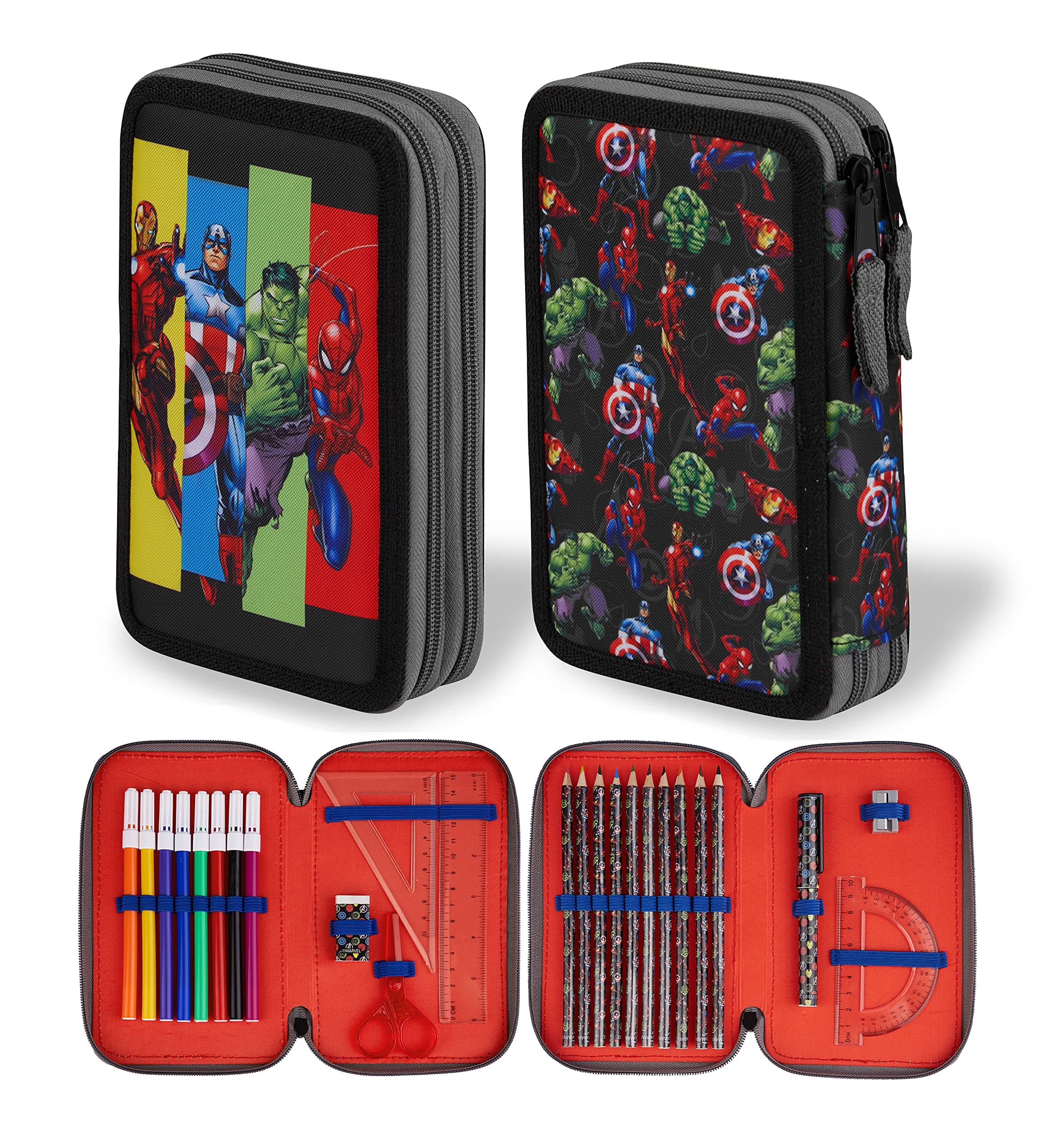 Marvel Federmäppchen für Jungen, Federmäppchen, Fächer, gefüllt, für Schule, Filz, Buntstift, Geschenk Spiderman, Avengers, Einschulung, Grundschule Mehrfarbig