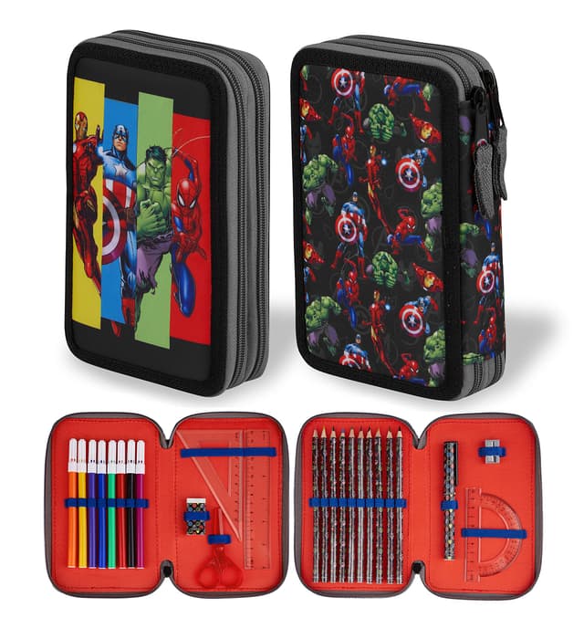 Marvel Federmäppchen für Jungen, Federmäppchen, Fächer, gefüllt, für Schule, Filz, Buntstift, Geschenk Spiderman, Avengers, Einschulung, Grundschule Mehrfarbig