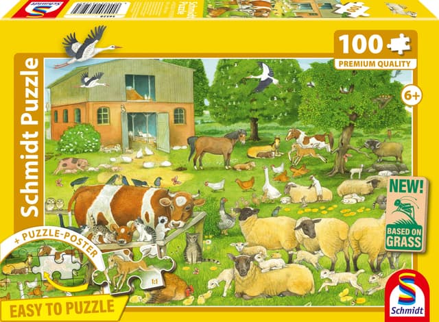Schmidt Spiele 56528 Tierkinder auf dem Bauernhof, 100 Teile Kinderpuzzle aus Graspappe